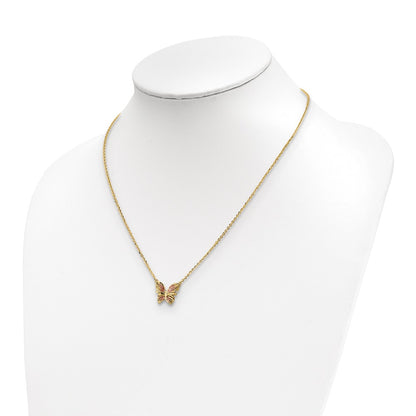 14K Yellow Gold Polished D/C W/ Pink Enamel Butterfly Necklace