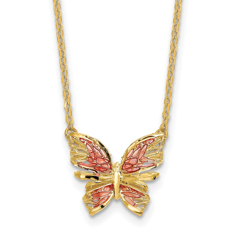 14K Yellow Gold Polished D/C W/ Pink Enamel Butterfly Necklace