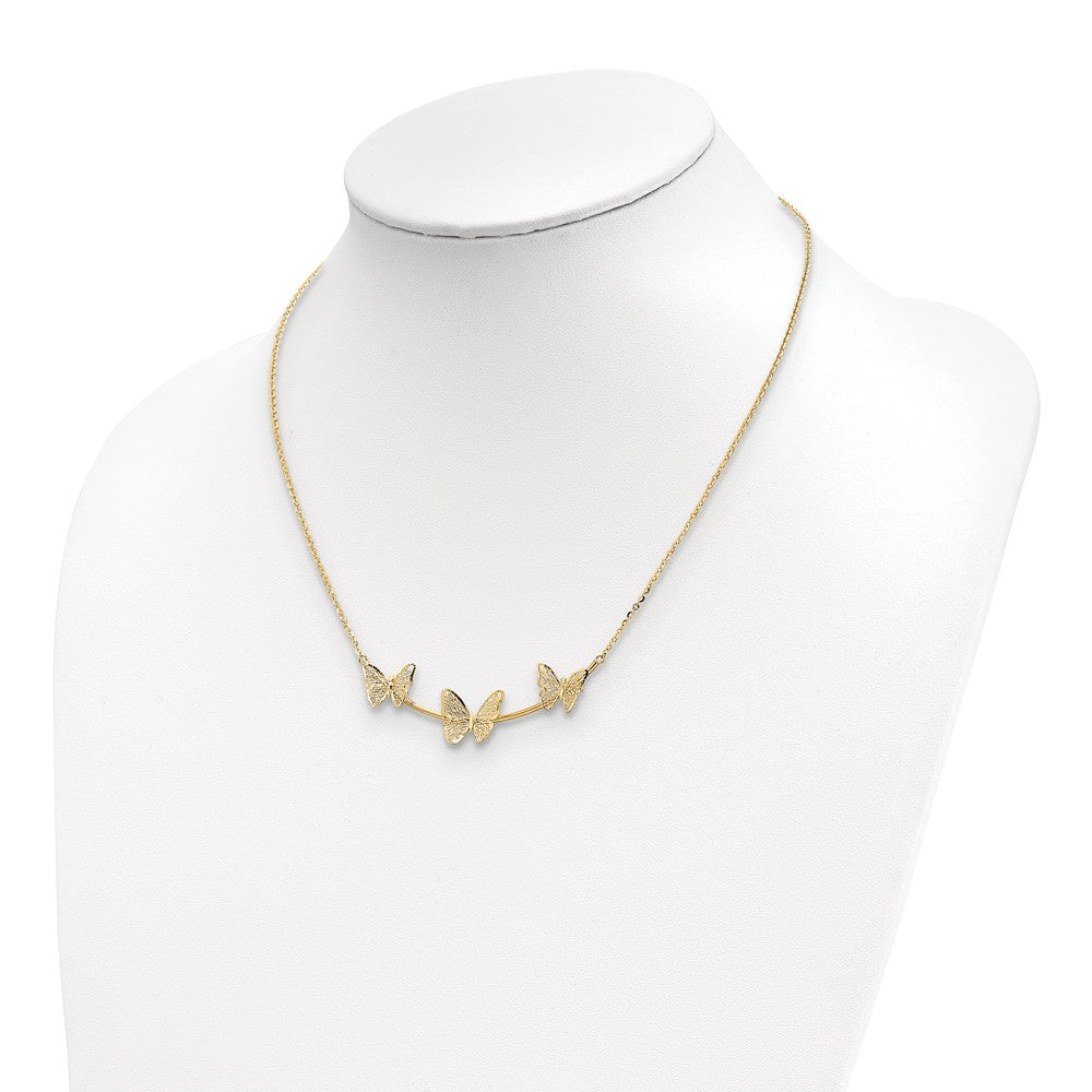 14K Yellow Gold Polished Filigree 3 Butterfly Bar Necklace