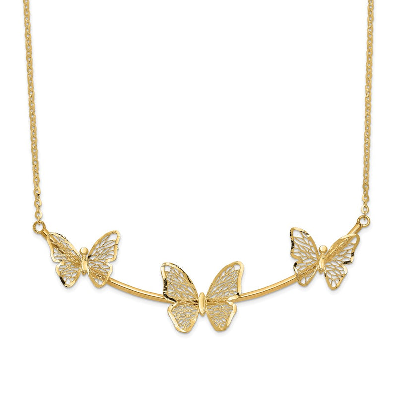 14K Yellow Gold Polished Filigree 3 Butterfly Bar Necklace