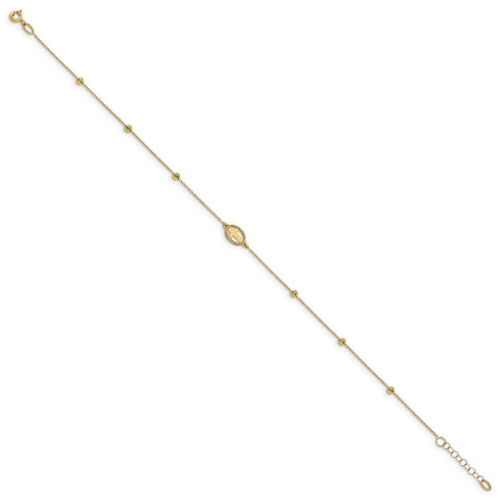 14K Yellow Gold Polished D/c Beaded Cross w/1in Ext. Anklet