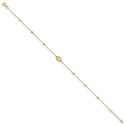 14K Yellow Gold Polished D/c Beaded Cross w/1in Ext. Anklet