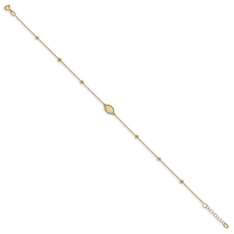 14K Yellow Gold Polished D/c Beaded Cross w/1in Ext. Anklet