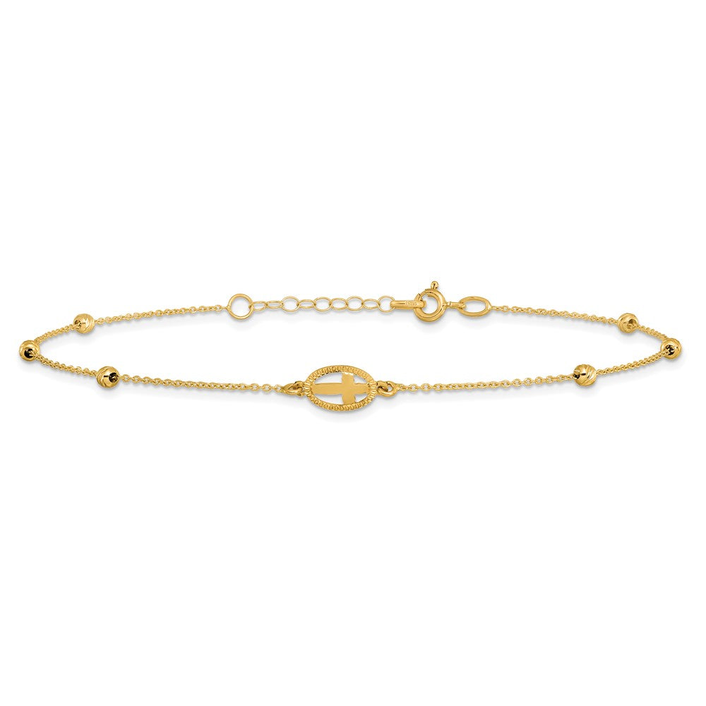 14K Yellow Gold Polished D/c Beaded Cross w/1in Ext. Anklet