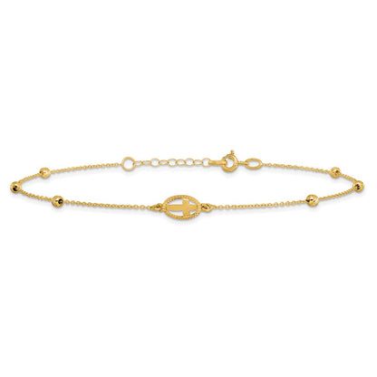 14K Yellow Gold Polished D/c Beaded Cross w/1in Ext. Anklet