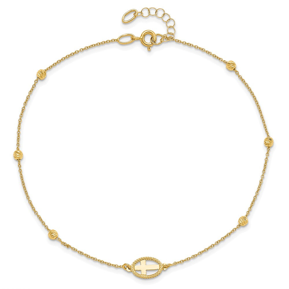 14K Yellow Gold Polished D/c Beaded Cross w/1in Ext. Anklet