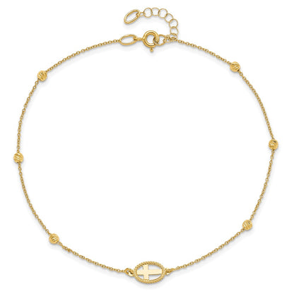 14K Yellow Gold Polished D/c Beaded Cross w/1in Ext. Anklet