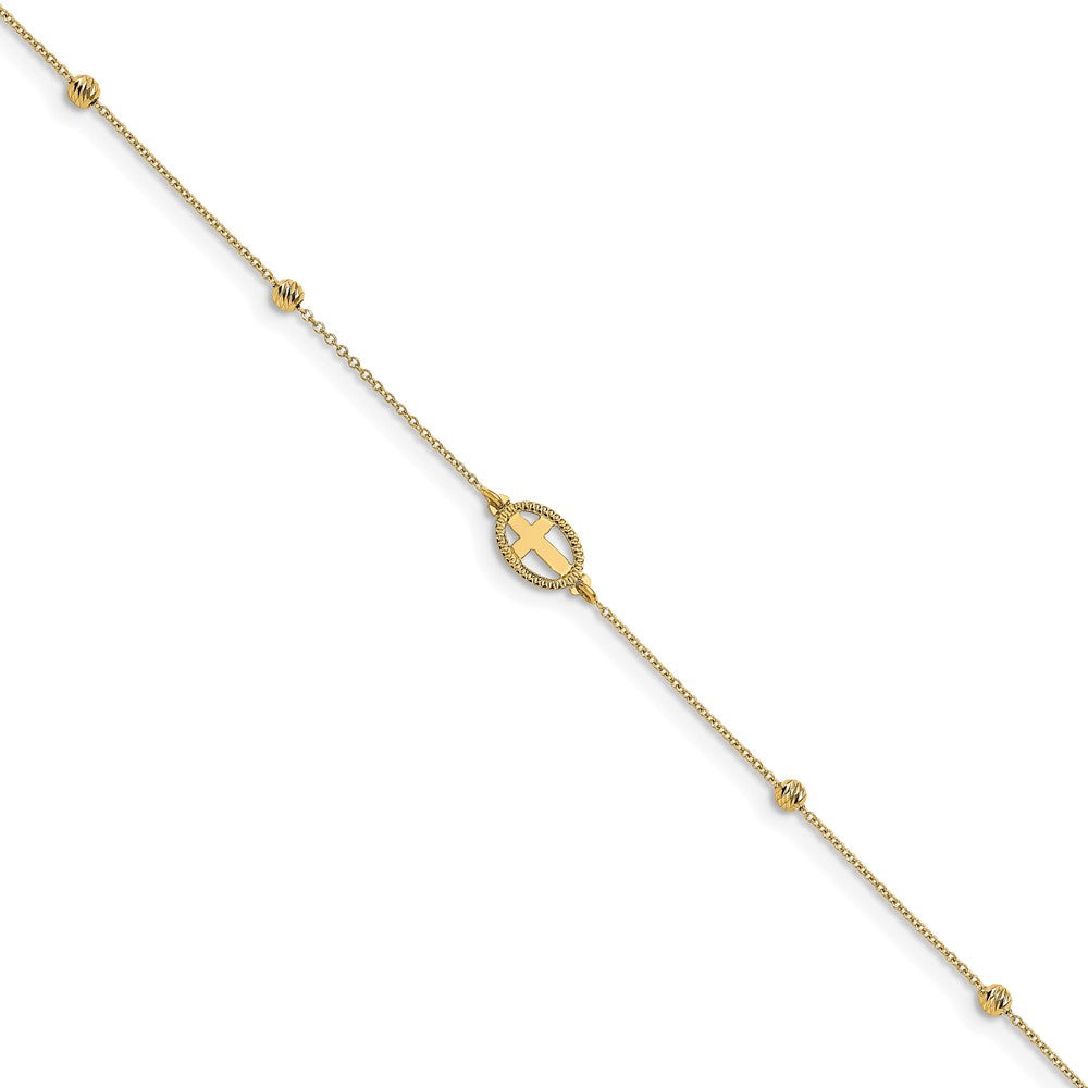 14K Yellow Gold Polished D/c Beaded Cross w/1in Ext. Anklet