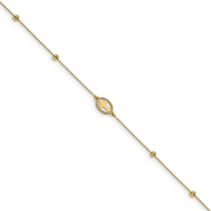 14K Yellow Gold Polished D/c Beaded Cross w/1in Ext. Anklet