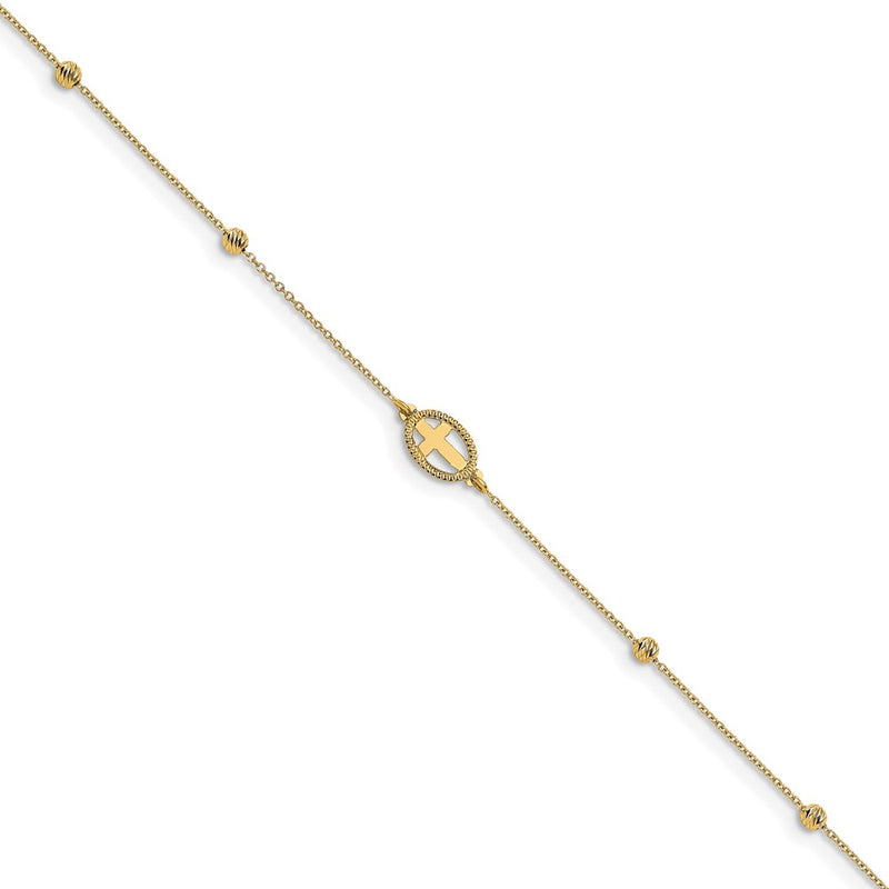 14K Yellow Gold Polished D/c Beaded Cross w/1in Ext. Anklet
