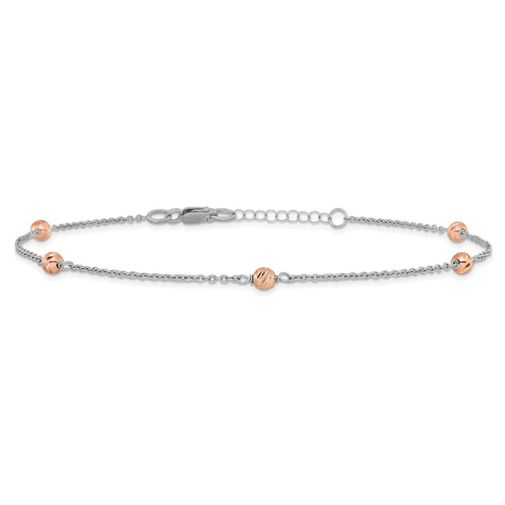 14K White and Rose Gold Polished D/c Beaded w/1in Ext. Anklet