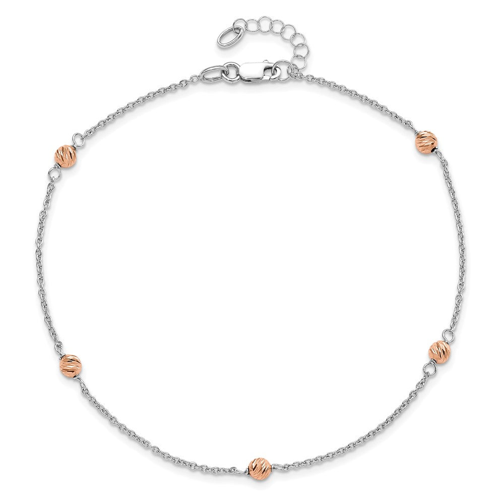 14K White and Rose Gold Polished D/c Beaded w/1in Ext. Anklet