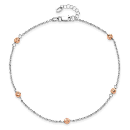 14K White and Rose Gold Polished D/c Beaded w/1in Ext. Anklet