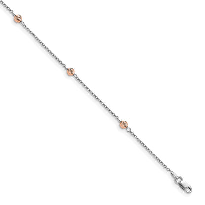 14K White and Rose Gold Polished D/c Beaded w/1in Ext. Anklet