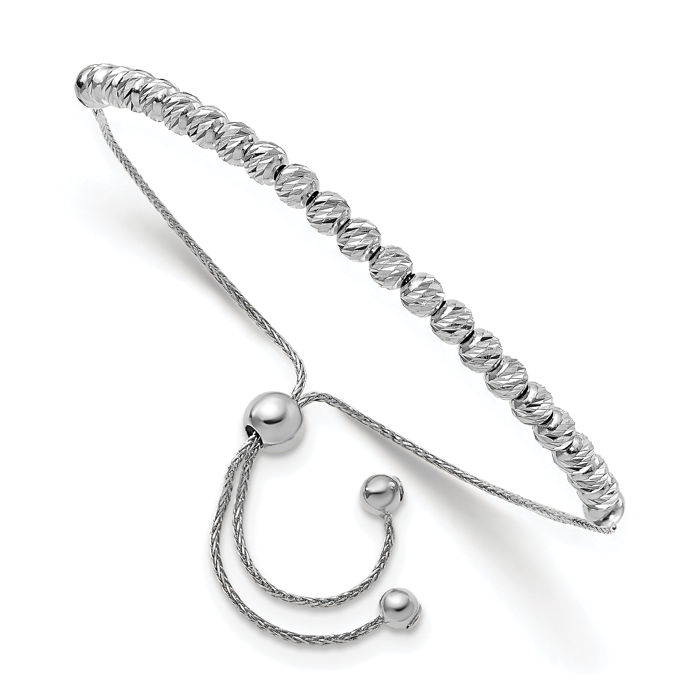 14K White Gold Polished D/C Beaded Bolo Adj. Bracelet
