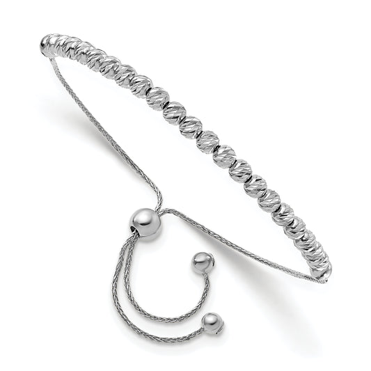 14K White Gold Polished D/C Beaded Bolo Adj. Bracelet