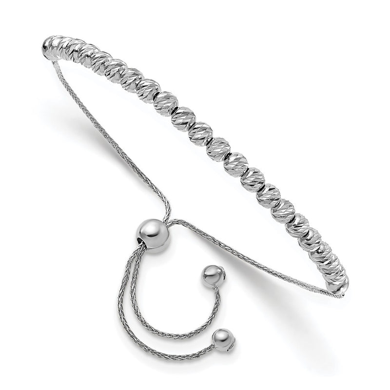 14K White Gold Polished D/C Beaded Bolo Adj. Bracelet