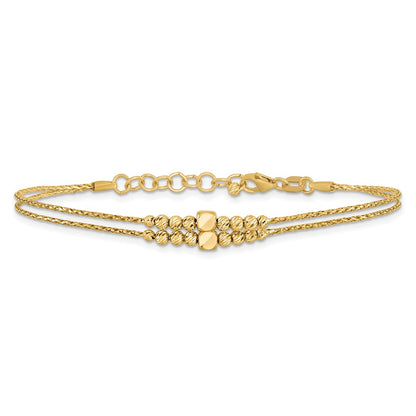 14K Yellow Gold Polished D/C Beaded 2 Strand W/ 1In Ext Bracelet