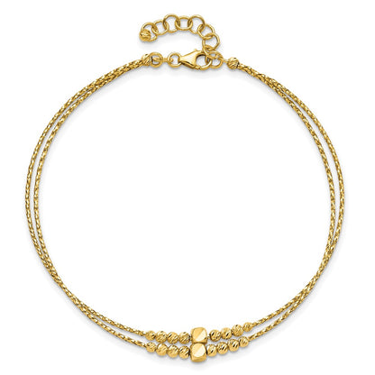 14K Yellow Gold Polished D/C Beaded 2 Strand W/ 1In Ext Bracelet