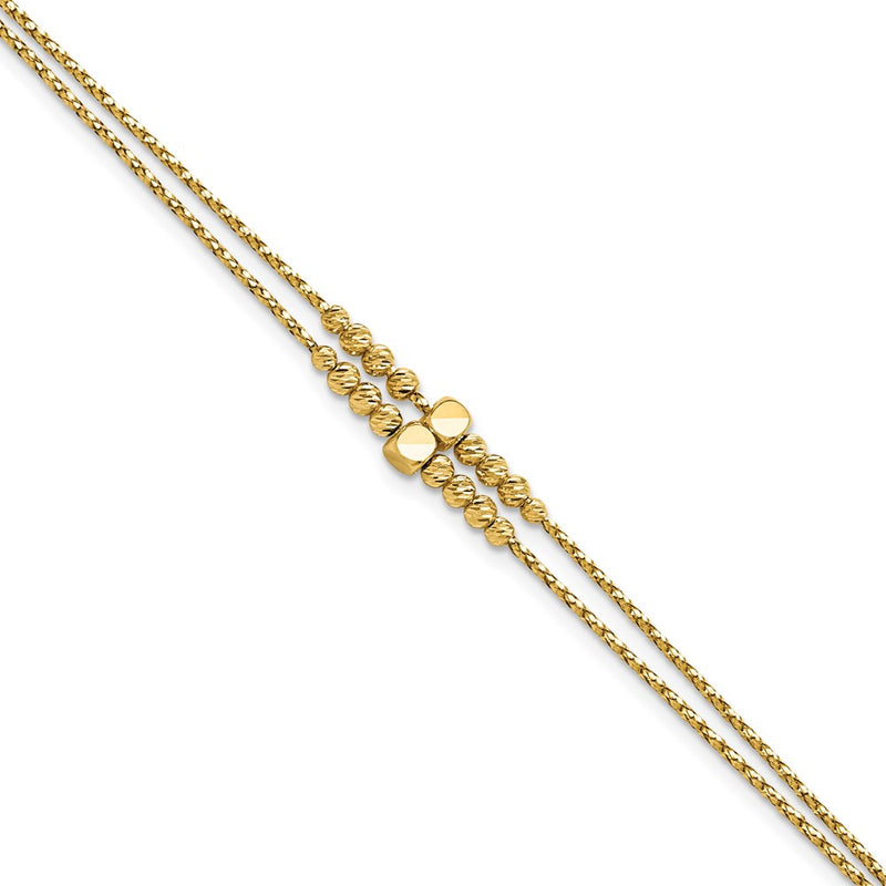 14K Yellow Gold Polished D/C Beaded 2 Strand W/ 1In Ext Bracelet