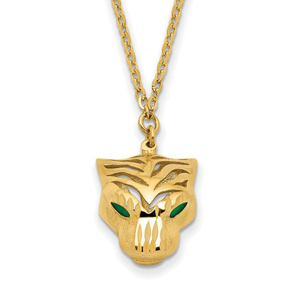 14K Yellow Gold Polished D/C Green Enamel Tiger Necklace
