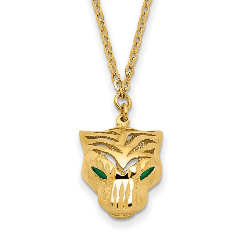 14K Yellow Gold Polished D/C Green Enamel Tiger Necklace