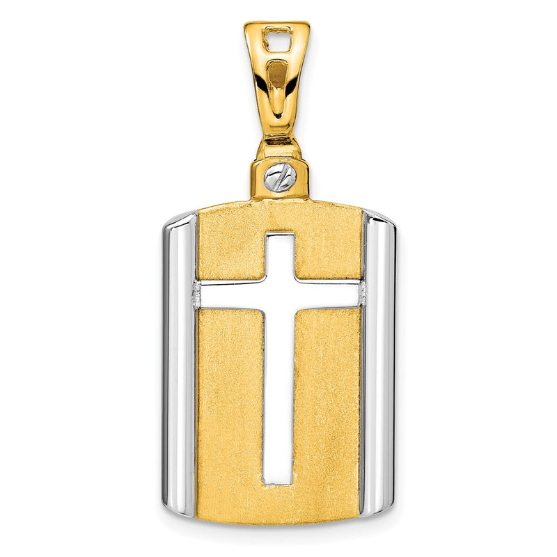 14K Two Tone Brushed Cross Dog Tag Pendant