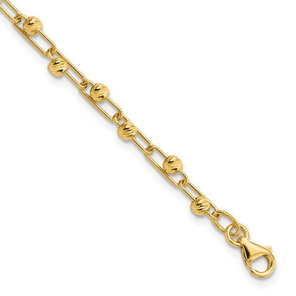 14K Yellow Gold Polished Diamond Cut Beads Link Bracelet