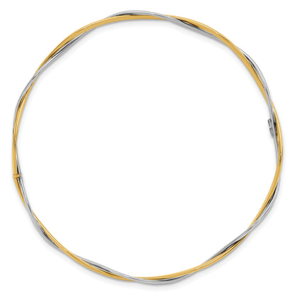 14K Yellow & Rhodium Polished And Dia Cut Braided Slip On Bangle