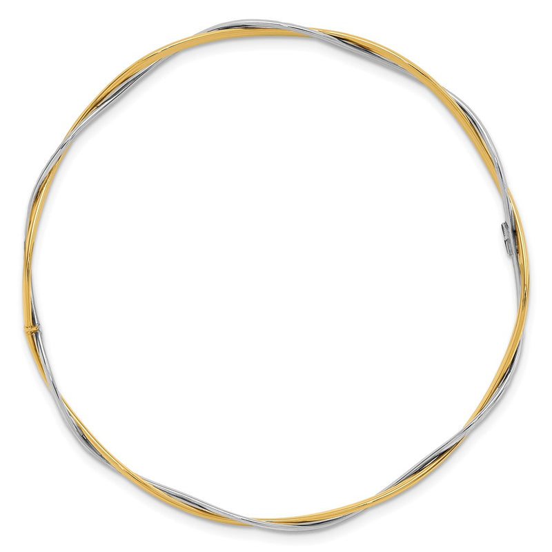 14K Yellow & Rhodium Polished And Dia Cut Braided Slip On Bangle