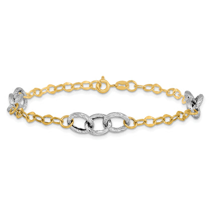 7.5 Inch 14K Two-Tone Polished And Textured Fancy Link Bracelet