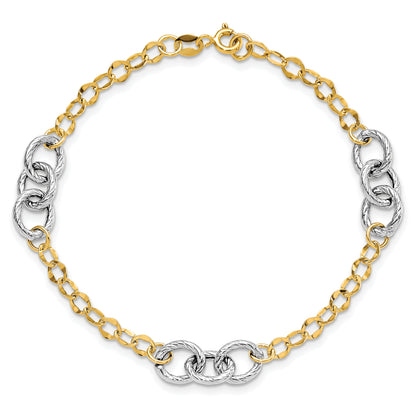 7.5 Inch 14K Two-Tone Polished And Textured Fancy Link Bracelet