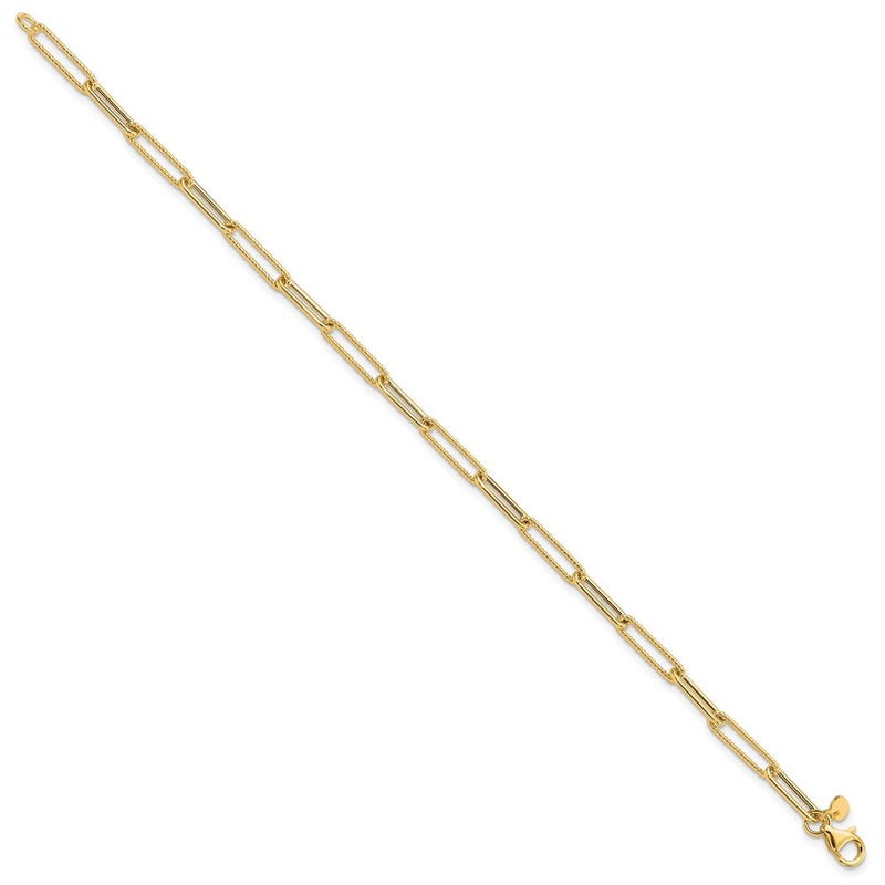 14K Yellow Gold Polished And Textured Paperclip Link Chain Bracelet