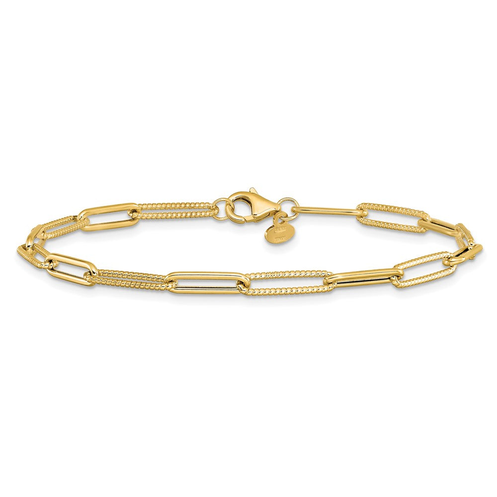 14K Yellow Gold Polished And Textured Paperclip Link Chain Bracelet