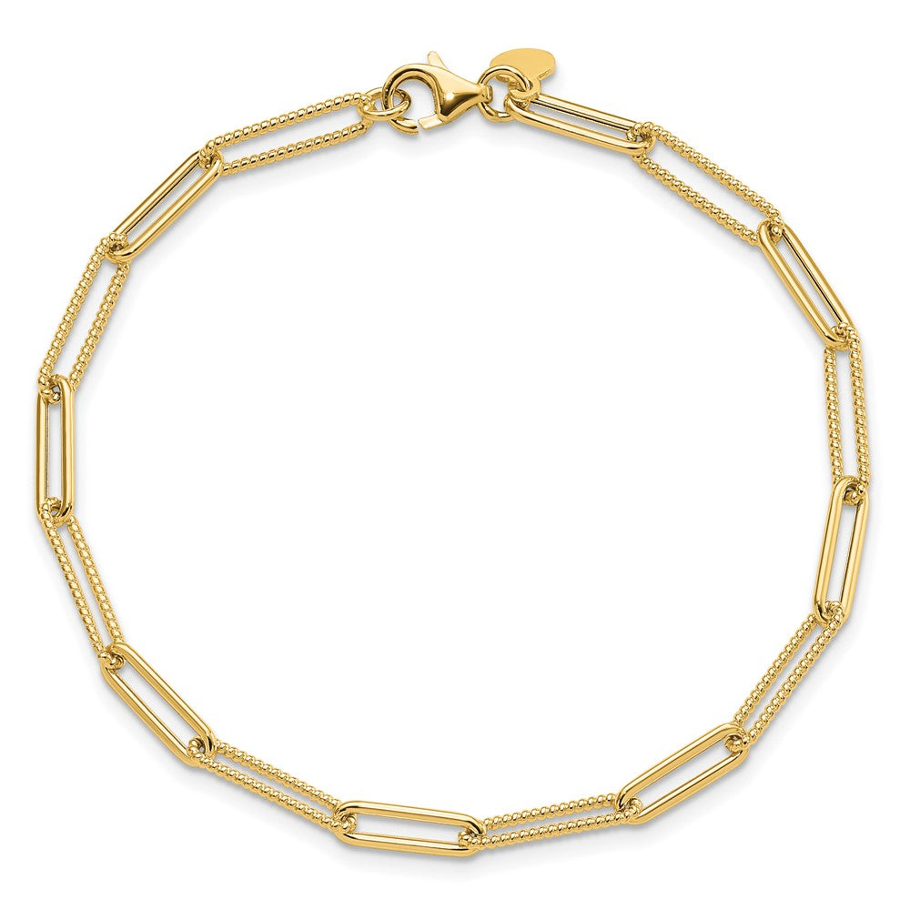 14K Yellow Gold Polished And Textured Paperclip Link Chain Bracelet