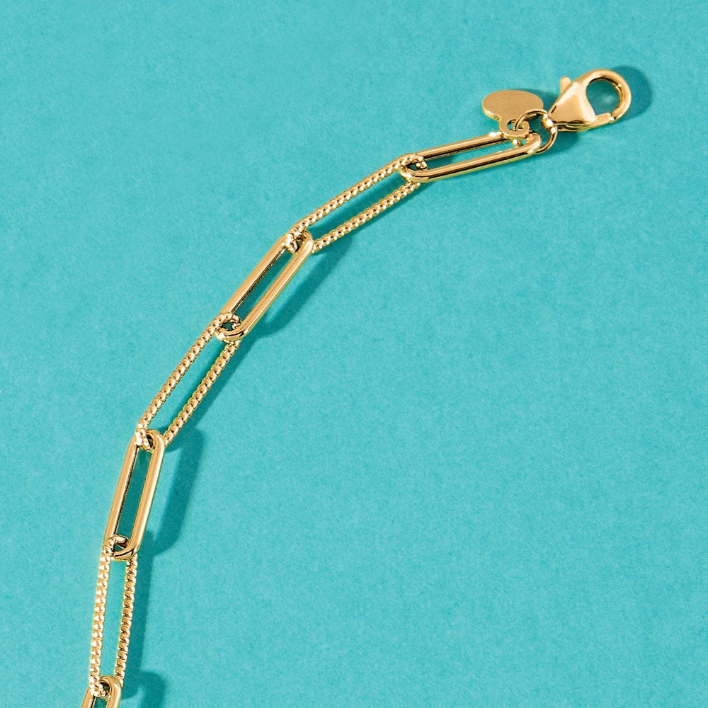 14K Yellow Gold Polished And Textured Paperclip Link Chain Bracelet