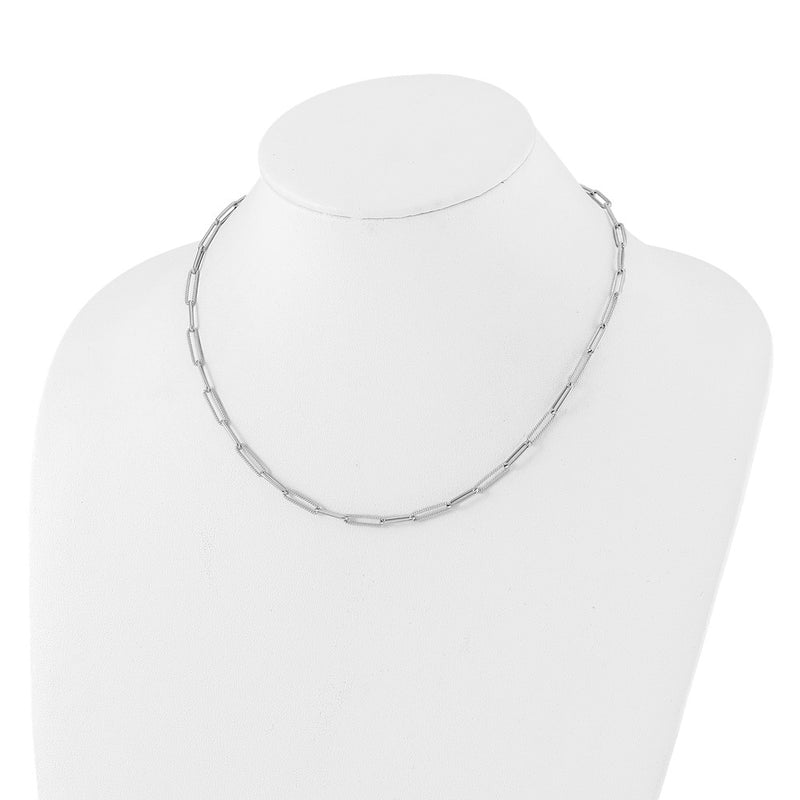 14K White Gold Polished Textured Paperclip Link Chain Necklace