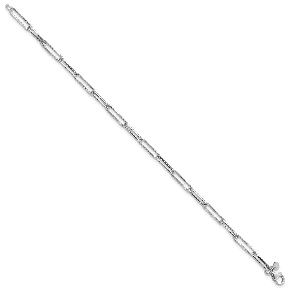 14K White Gold Polished Textured Paperclip Link Chain Bracelet