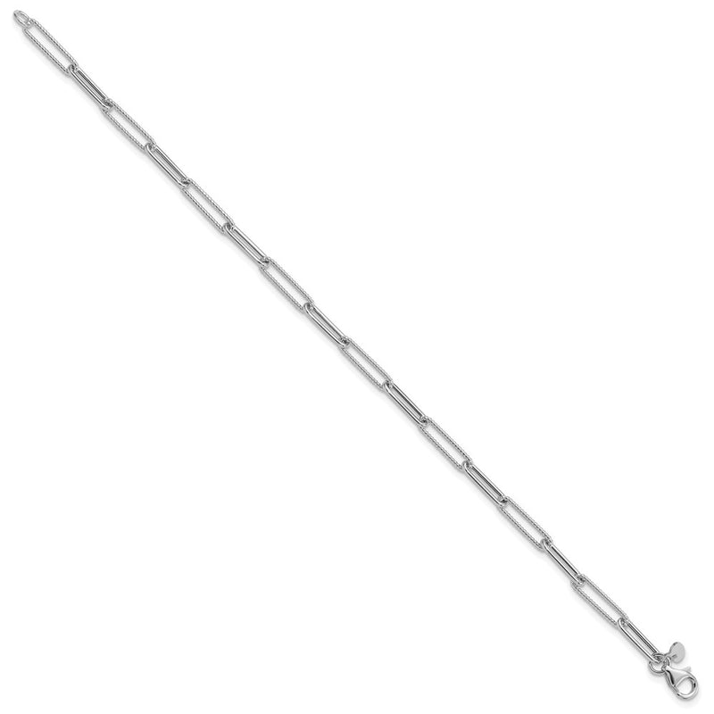 14K White Gold Polished / Textured Paperclip Link Bracelet