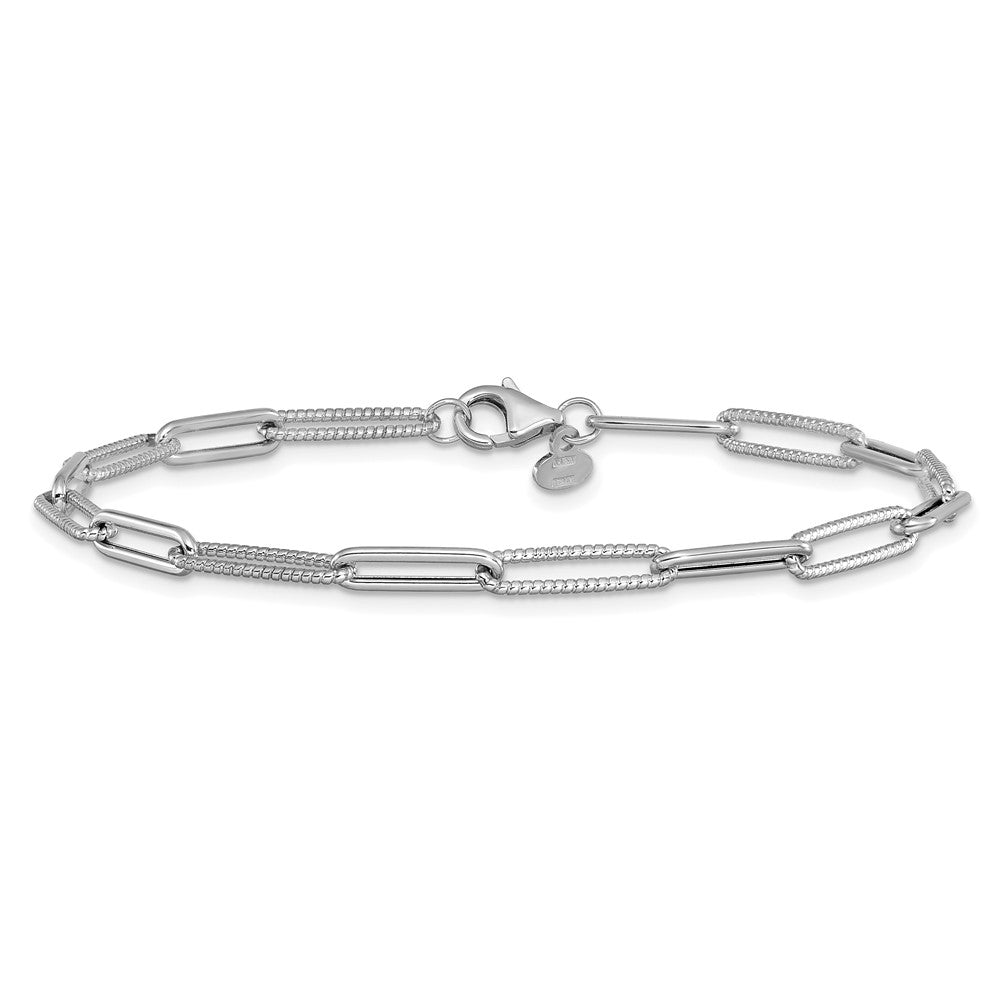14K White Gold Polished Textured Paperclip Link Chain Bracelet