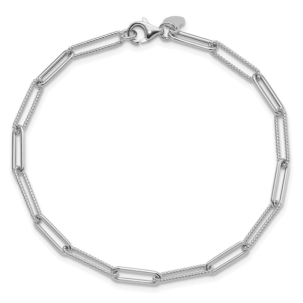 14K White Gold Polished Textured Paperclip Link Chain Bracelet