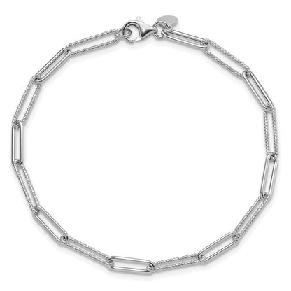 14K White Gold Polished Textured Paperclip Link Chain Bracelet
