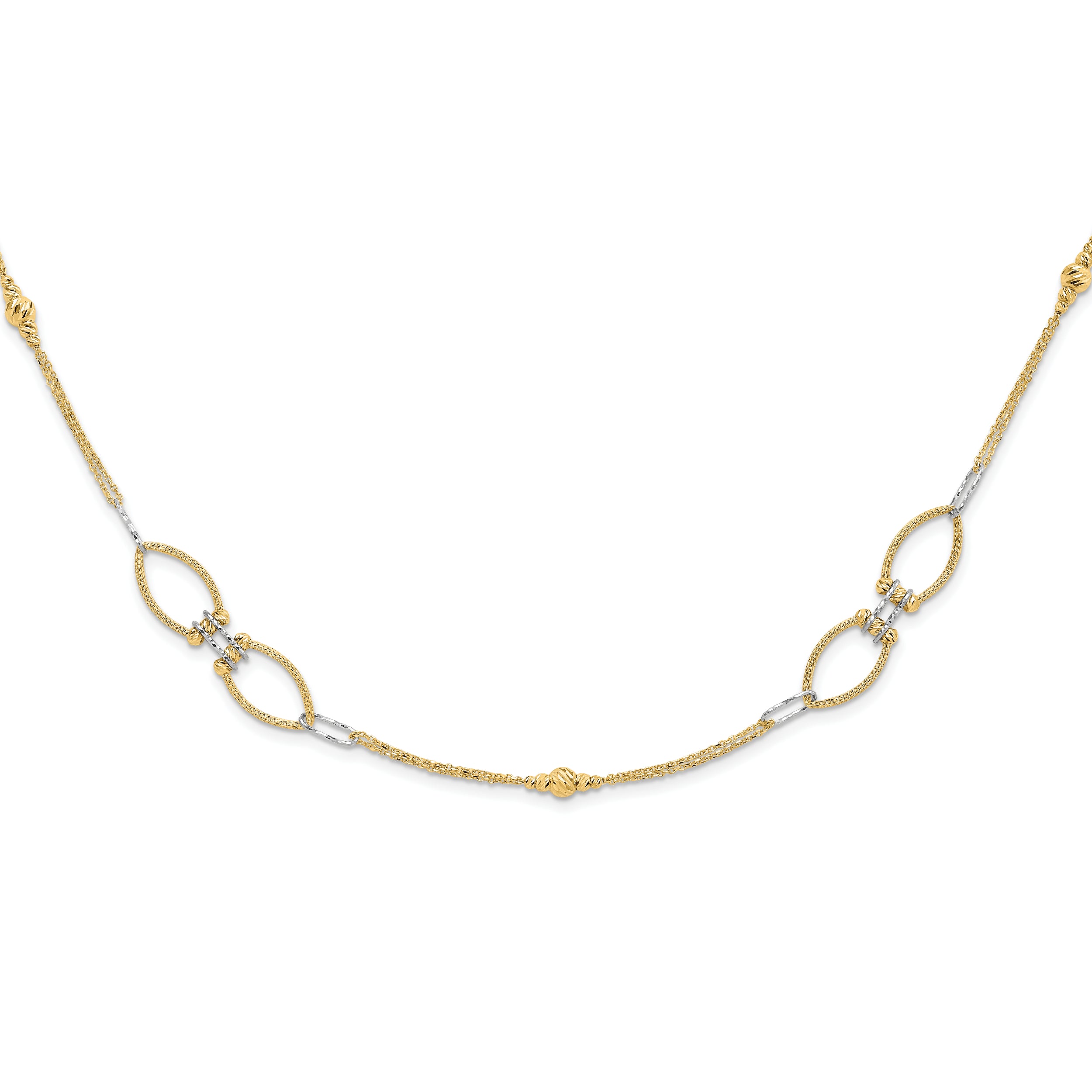 14K Two Tone Dia Cut Beads Fancy Link With 1In. Ext Necklace