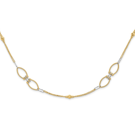 14K Two Tone Dia Cut Beads Fancy Link With 1In. Ext Necklace