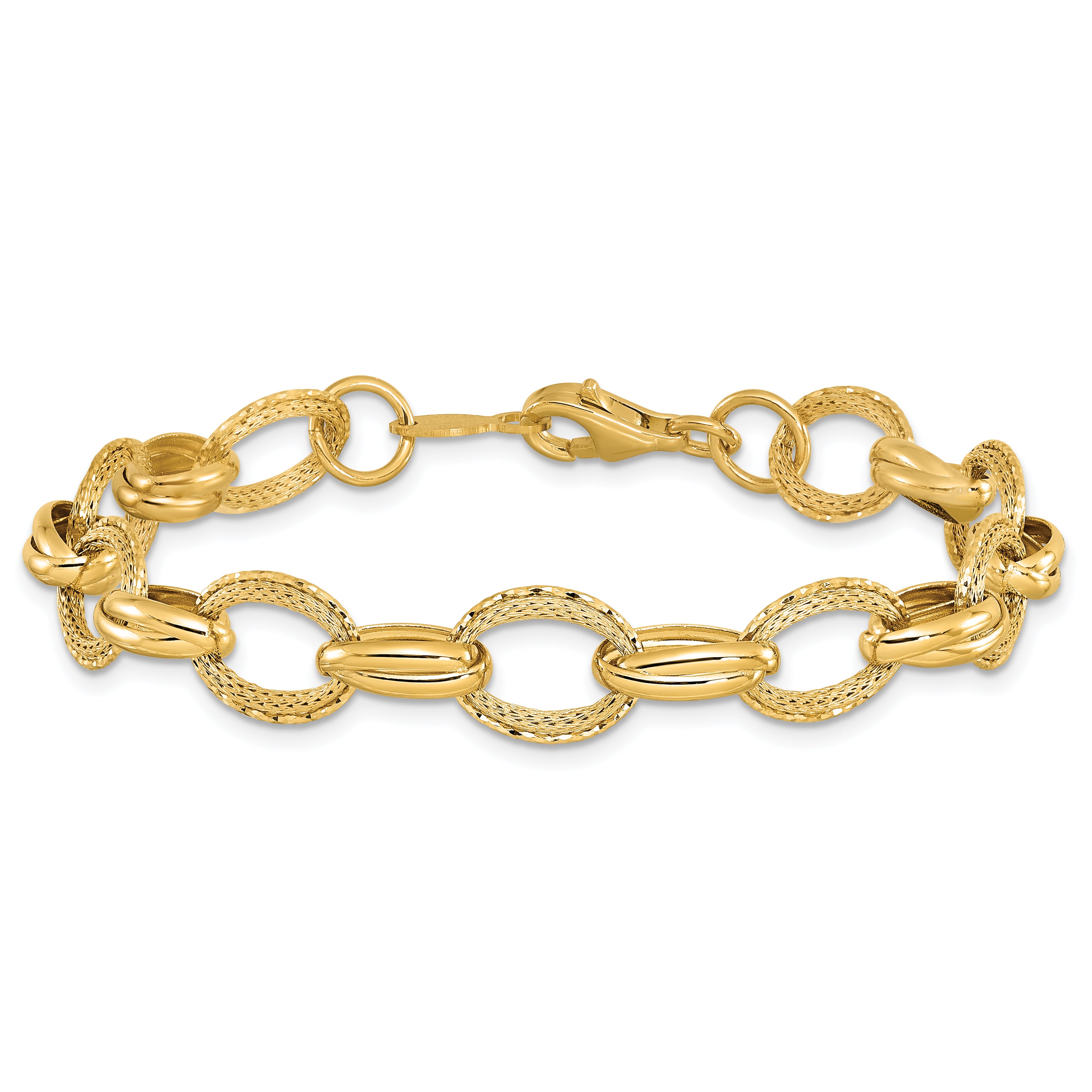 14K Yellow Gold Polished/Textured And Diamond Cut Fancy Link Bracelet