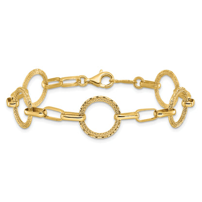 14K Yellow Gold Polished/Dia Cut/Textured Circles Fancy Link Bracelet