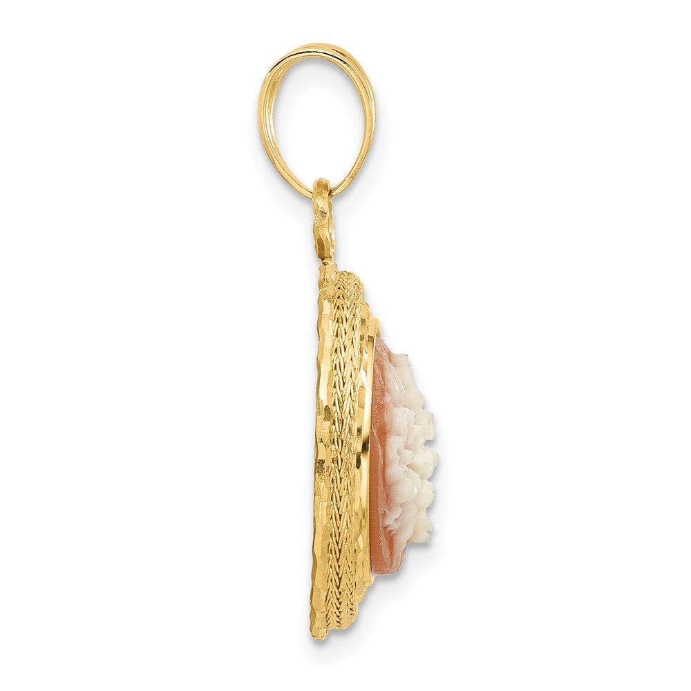 14K Yellow Gold Diamond Cut Natural Shell Floral Cameo Pendant