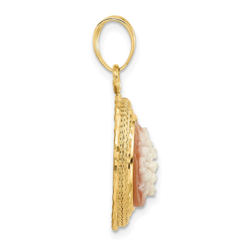 14K Yellow Gold Diamond Cut Natural Shell Floral Cameo Pendant