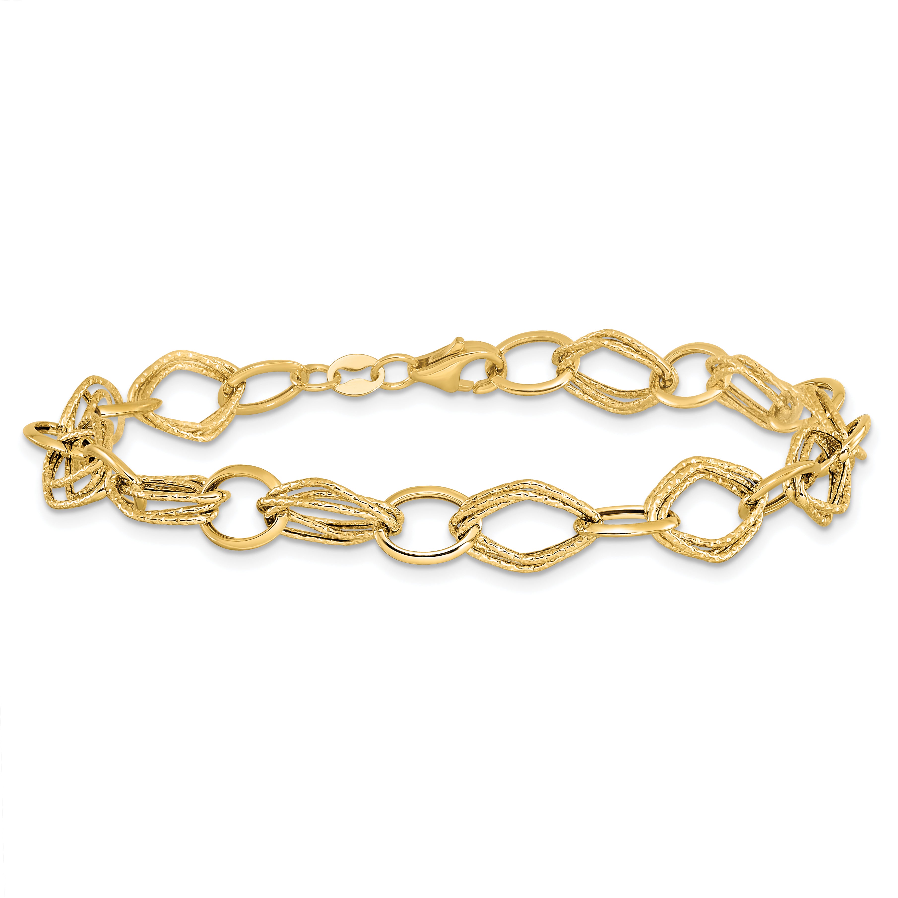 7.5 Inch 14K Polished And Textured Fancy Link Bracelet