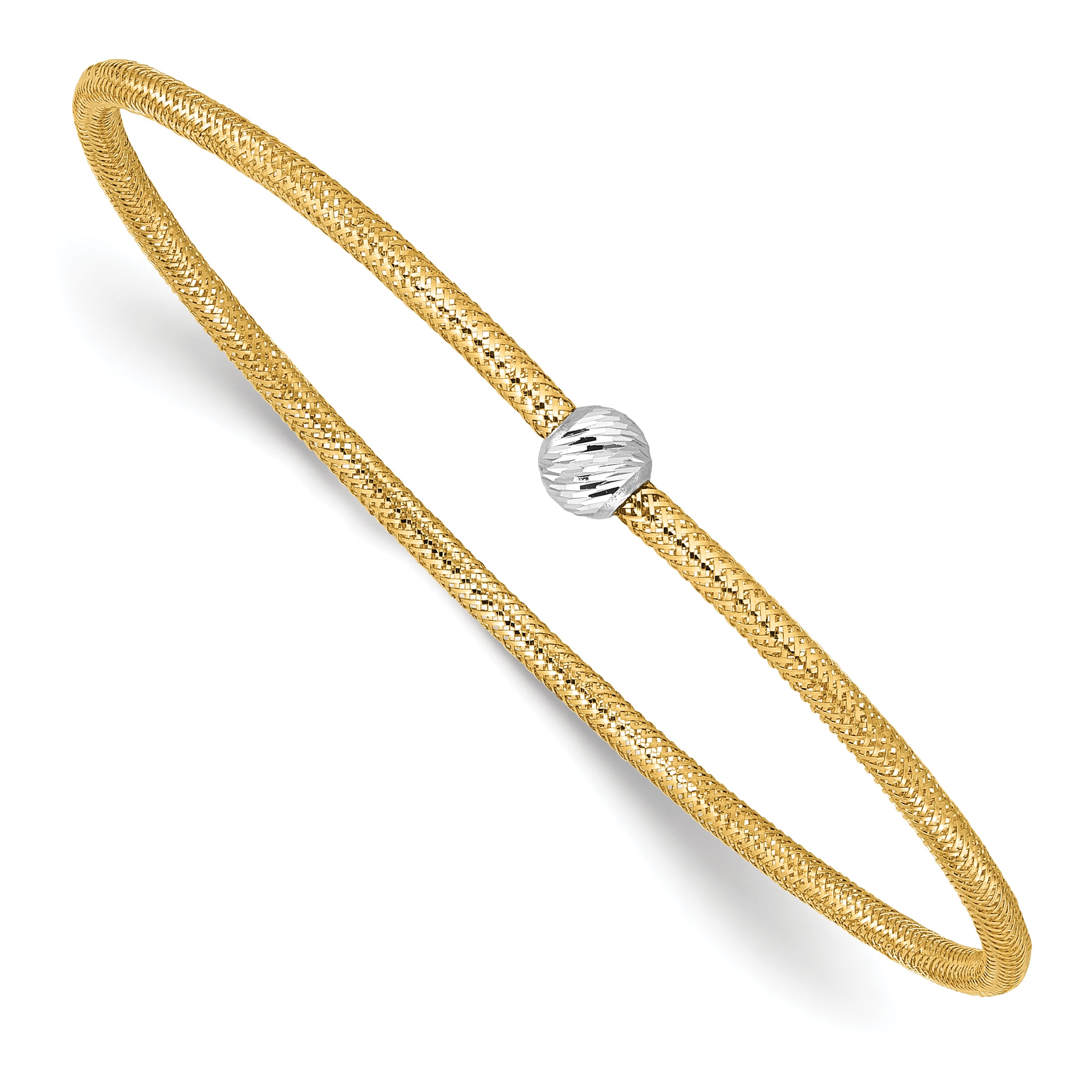 14K Yellow & Rhodium With Polished Diamond Cut Bead Stretch Bracelet